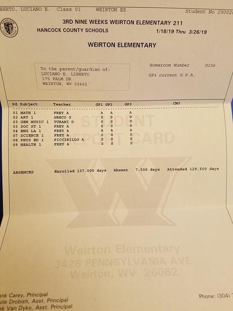 Luciano's 3rd 9 weeks report card 1st grade 2019