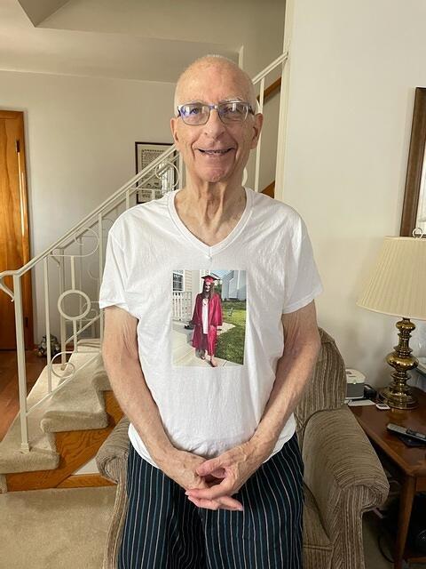 Papa wearing the Graduation shirt Nana made for Kyra's Graduation Party.