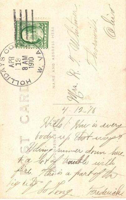 Back of postcard of Weirton from April 13th 1910